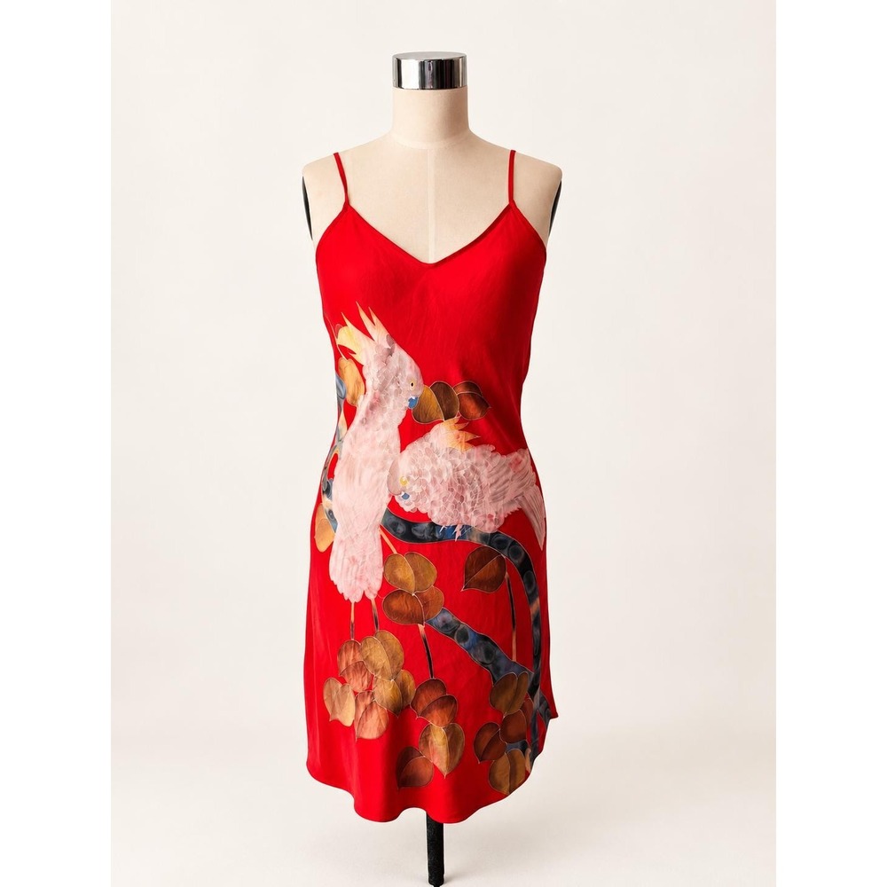 Vintage Cockatoos in Crimson Hand-Painted Red Silk Slip Dress Size S/XS